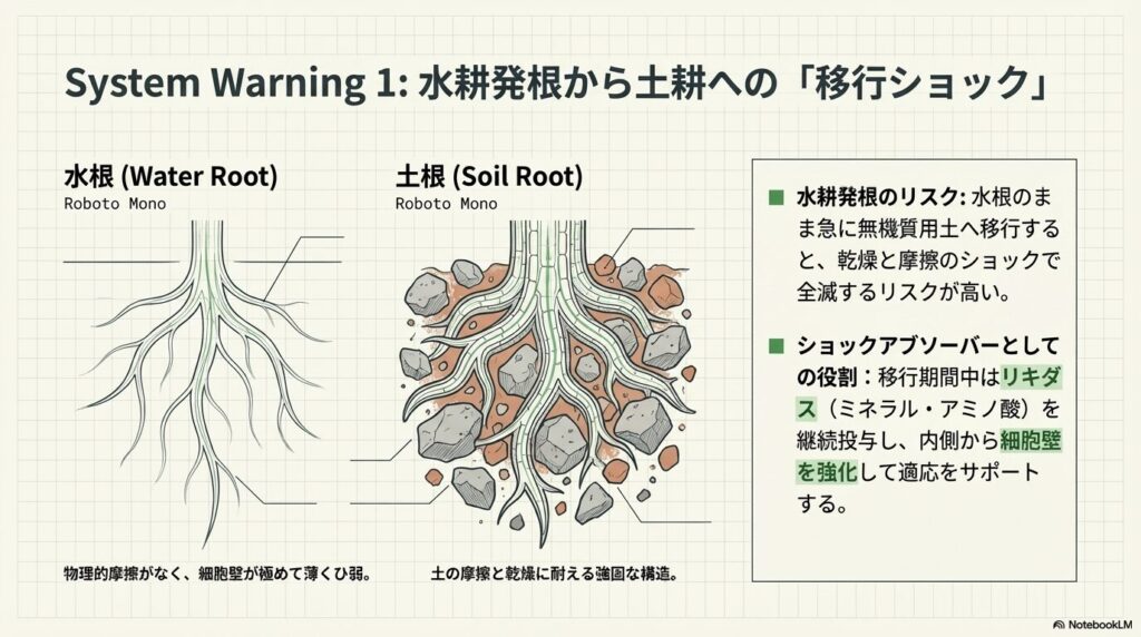 アガベの水耕発根で生える水根と無機質用土で育つ土根の細胞壁構造の違いと土耕移行時のショック