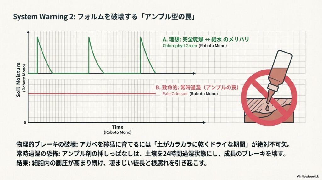 アンプル型活力剤がアガベの土壌を常時過湿状態にし細胞の膨圧を高めて徒長を引き起こす致命的な理由