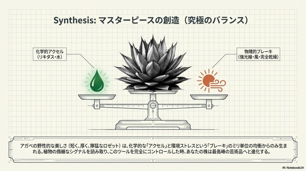 アガベの野性的な美しさを引き出すためのリキダスなどの化学的アクセルと強光線や乾燥などの物理的ブレーキの究極のバランス