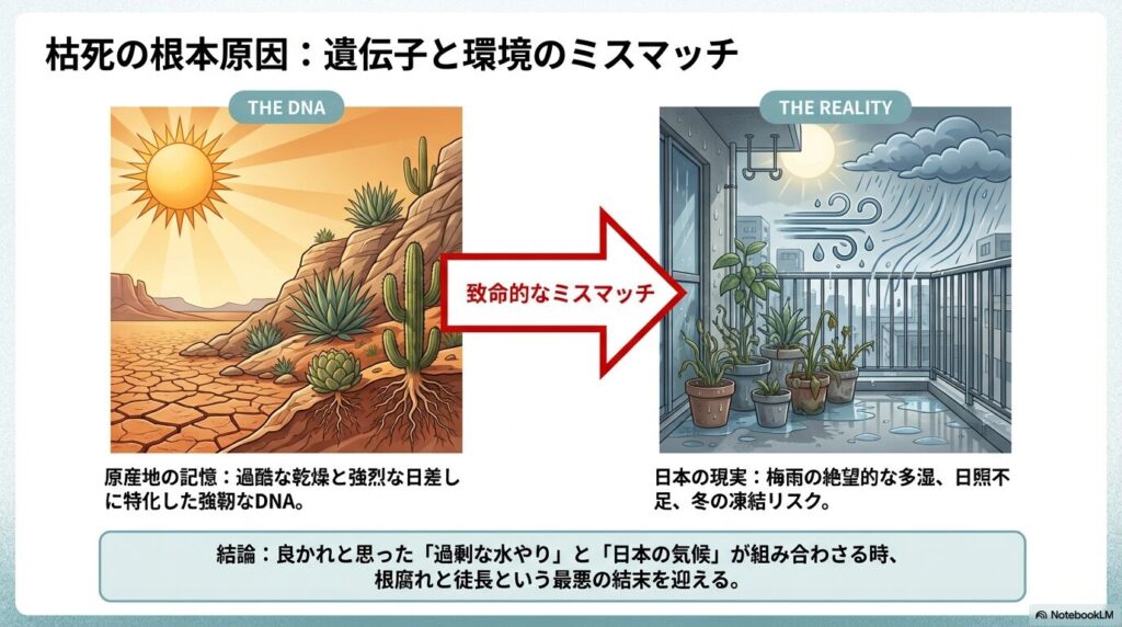 アガベが枯れる根本原因である原産地と日本の気候環境のミスマッチ