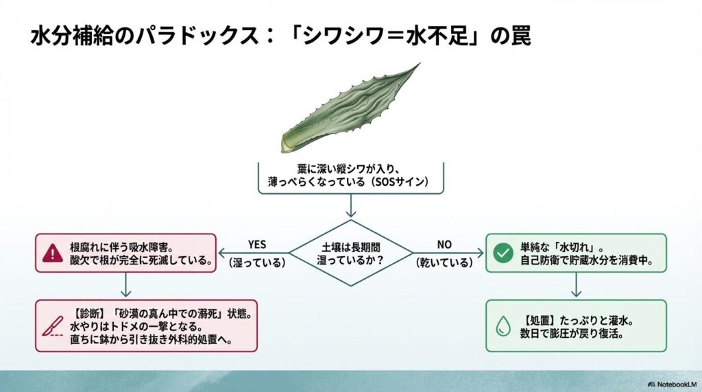 アガベの葉がシワシワになる原因（水切れと根腐れ）を特定する診断フローチャート