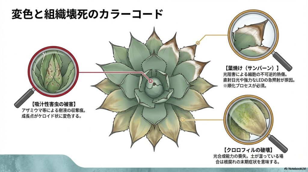 アガベの葉の変色や葉焼けから組織壊死の危険信号を読み解く図解