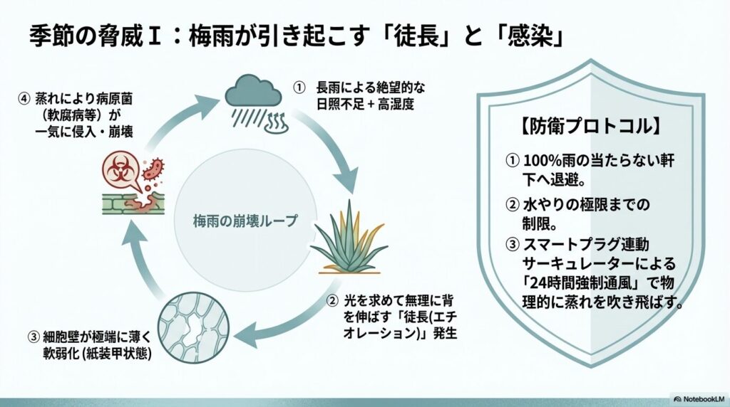 梅雨の長雨による多湿がアガベに引き起こす徒長と軟腐病の感染メカニズム