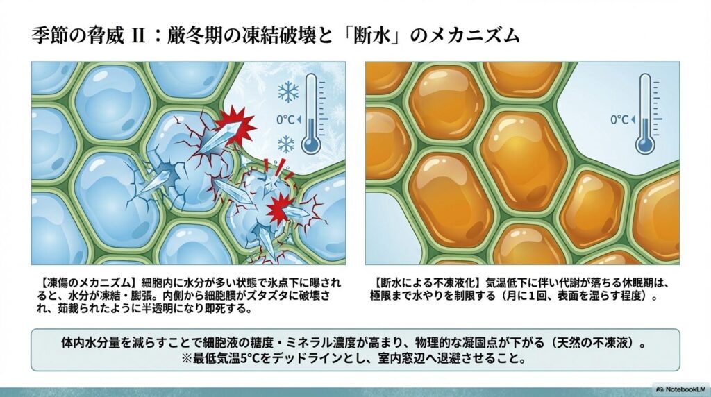冬の低温ストレスによるアガベの細胞凍結破壊と断水による不凍液化のメカニズム