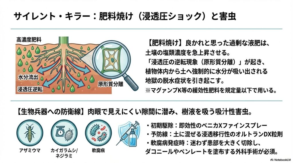 過剰な肥料によるアガベの肥料焼け（浸透圧逆転）と害虫被害のメカニズム