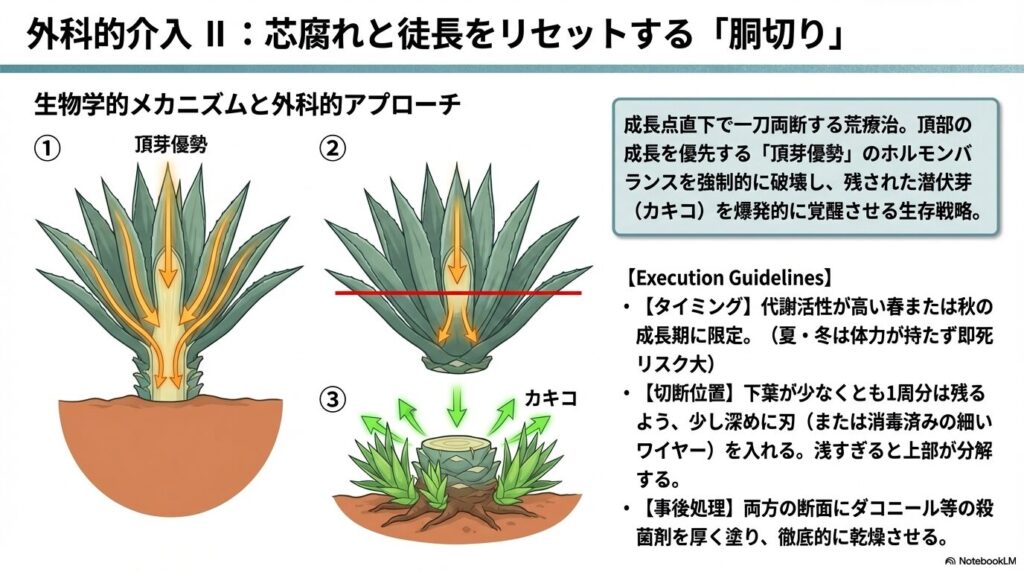 アガベの芯腐れや徒長をリセットして子株を発生させる胴切りの図解