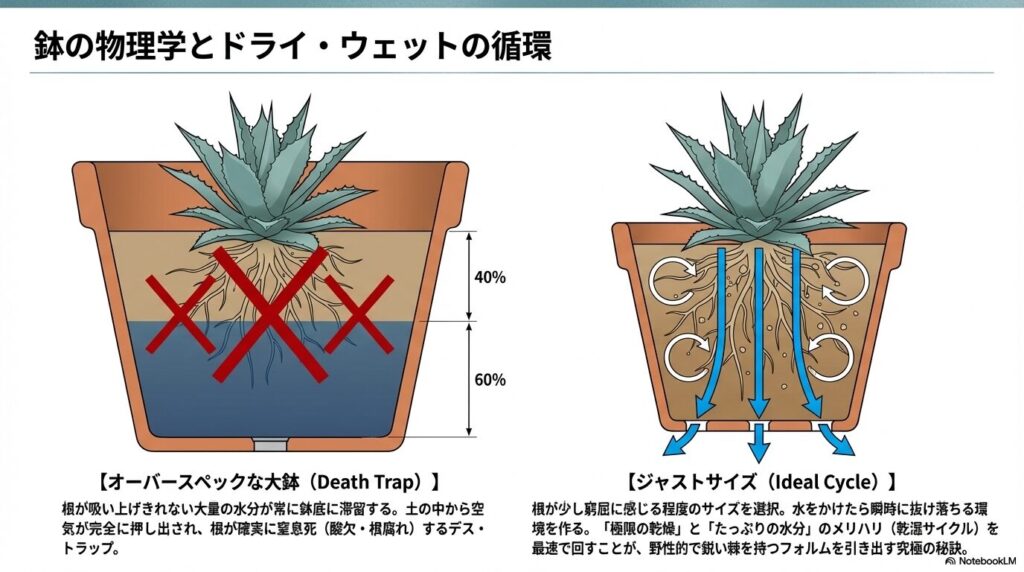 アガベの根腐れを防ぐ鉢のサイズとドライ・ウェット循環の物理学