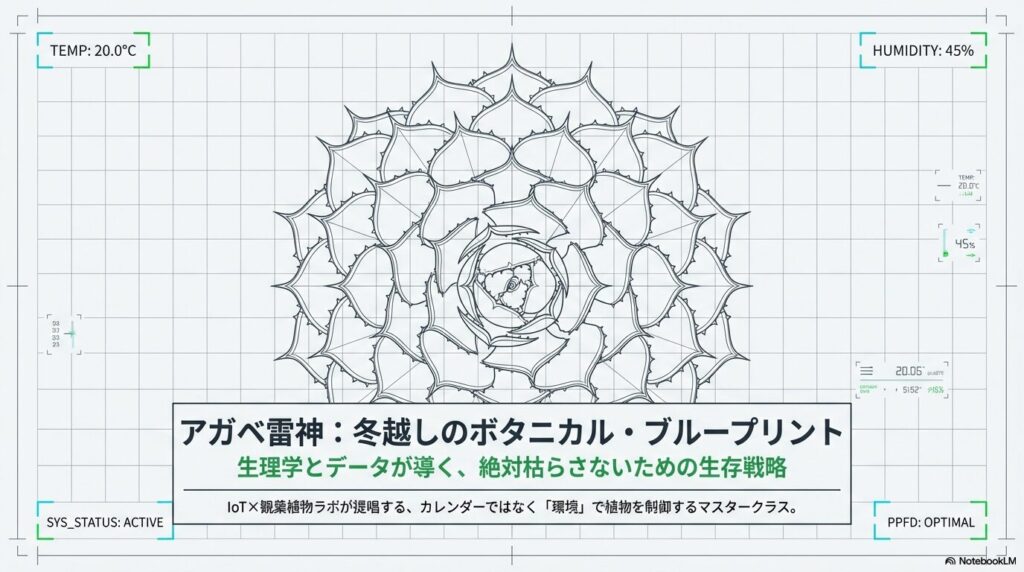 アガベ雷神の幾何学的なロゼット形状と冬越しのボタニカル・ブループリント