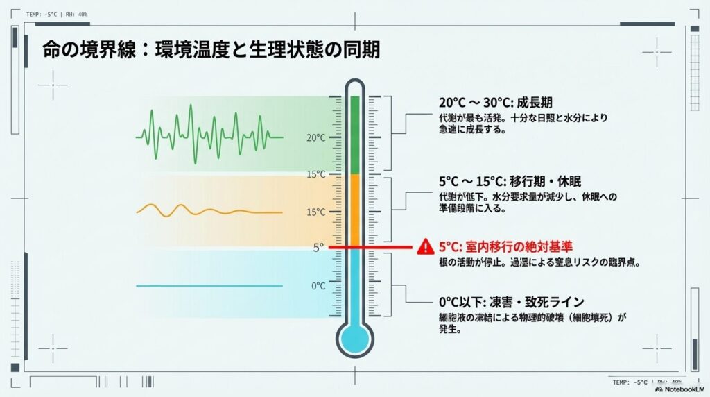 アガベ雷神の環境温度と生理状態の同期を示す温度計グラフ（限界温度0度、室内移行基準5度）