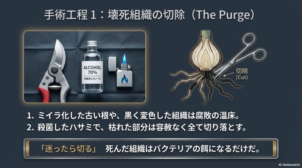 アガベの発根管理手順。木質化部分をスライスして白い維管束を露出し、殺菌と活力剤を塗布する様子