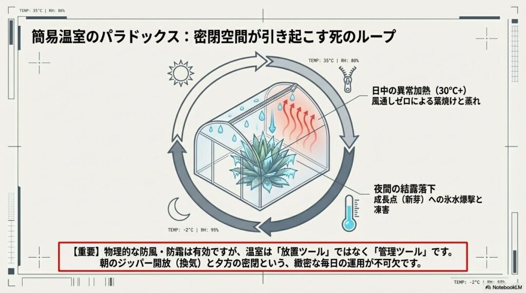 簡易温室の密閉空間で起きる日中の異常加熱と夜間の結露落下によるアガベ雷神へのダメージ