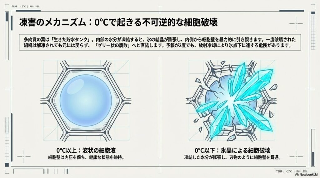 0度以下でアガベ雷神の細胞液が凍結し氷晶によって細胞壁が破壊される凍害のメカニズム