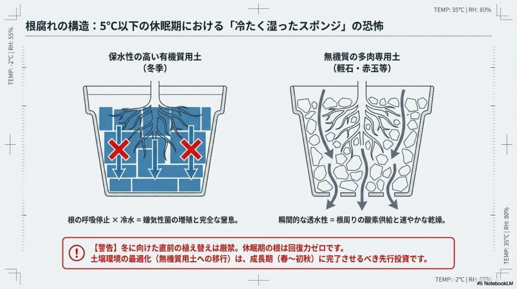 保水性の高い有機質用土と透水性の高い無機質の多肉専用土における根の呼吸と窒息の比較