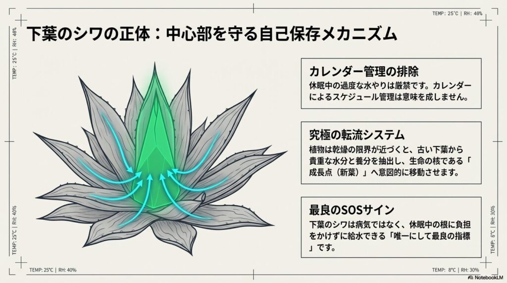 アガベ雷神が乾燥限界時に下葉から成長点へ水分と養分を意図的に移動させる転流システム