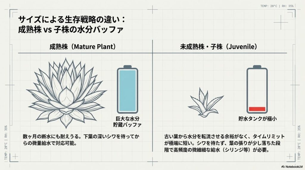 アガベ雷神の成熟株の巨大な水分貯蔵バッファと未成熟な子株の極小タンクの違い