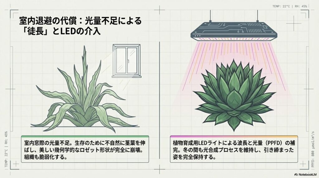 室内窓際の光量不足で徒長したアガベ雷神と植物育成用LEDライトによる美しいロゼット形状の維持