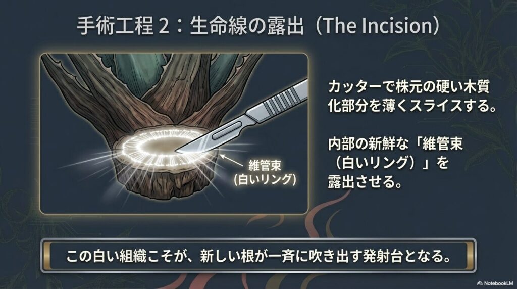 アガベの発根管理手順。木質化部分をスライスして白い維管束を露出し、殺菌と活力剤を塗布する様子