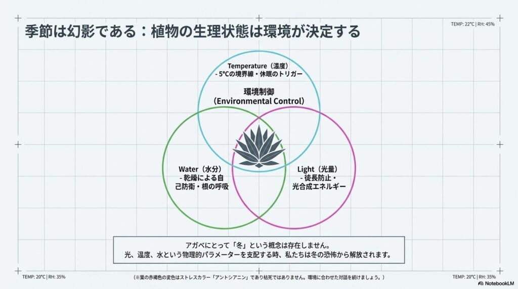 温度、水分、光量という環境制御がアガベの生理状態を決定することを示すベン図