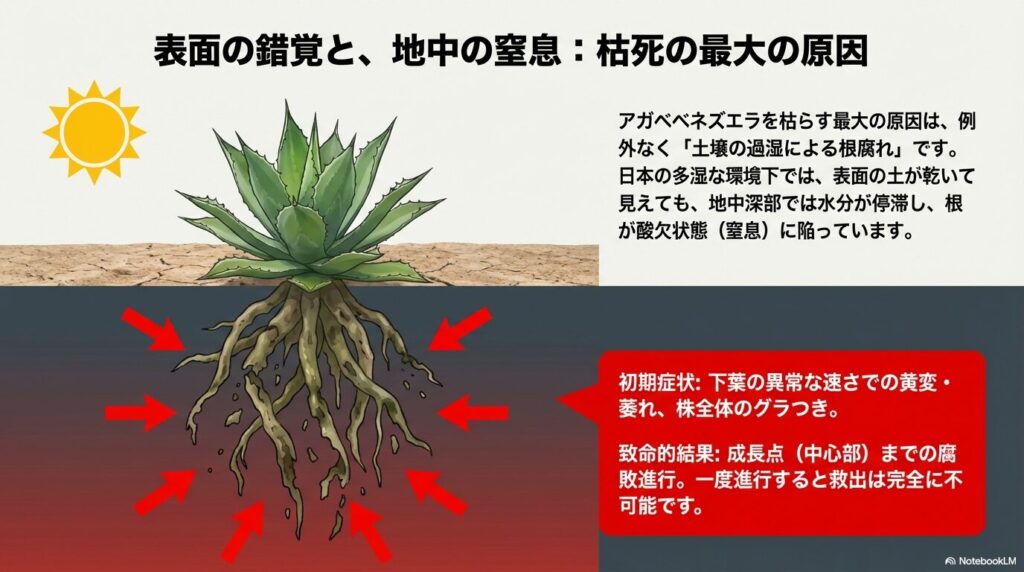 アガベベネズエラが根腐れで枯れる原因を図解。表面は乾いていても地中深部で水分が停滞し酸欠になる様子