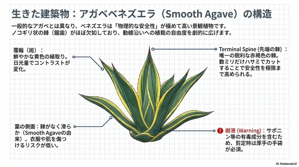 アガベベネズエラの葉の構造。トゲがない滑らかな葉の側面、先端の鋭利な棘、鮮やかな黄色の斑入り