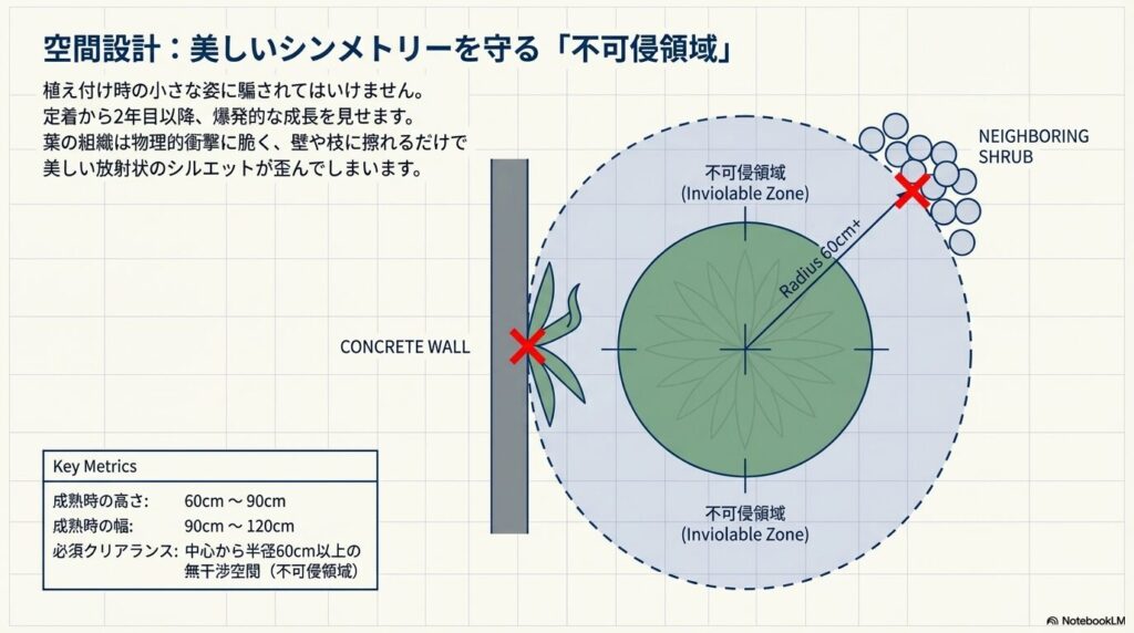 アガベベネズエラ地植え時の空間設計図。成熟時のサイズを想定し、中心から半径60cm以上の不可侵領域を確保