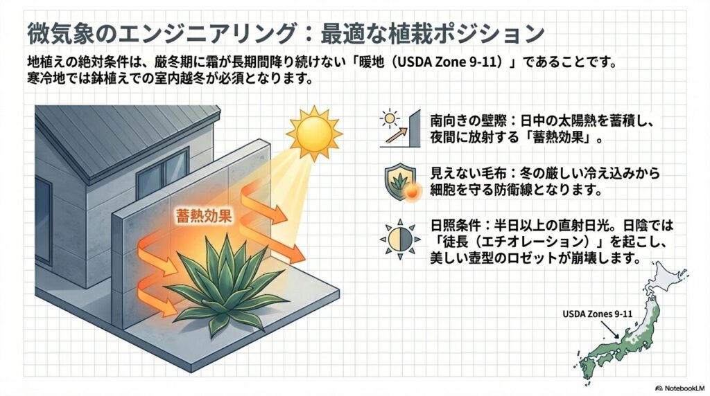 アガベベネズエラの地植えに適した南向きの壁際。日中の太陽熱を蓄積し夜間に放射する蓄熱効果の解説