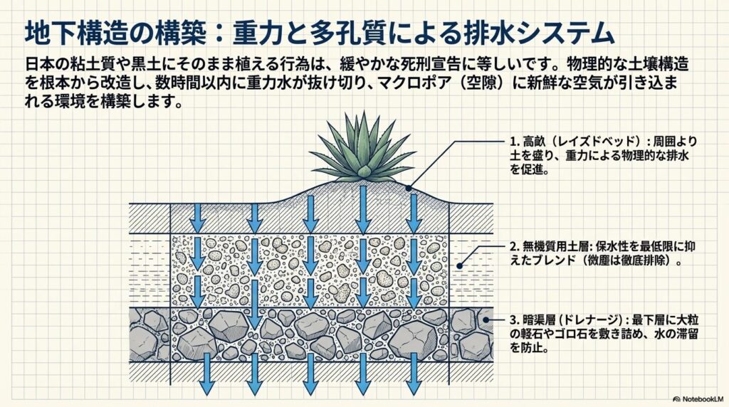 アガベ地植え用の地下排水システムの断面図。高畝(レイズドベッド)、無機質用土層、暗渠層による重力排水