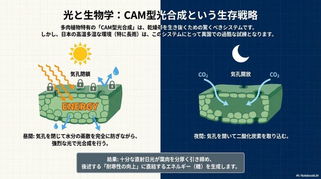 多肉植物のCAM型光合成の仕組み。昼間は気孔を閉じて水分の蒸散を防ぎ、夜間に気孔を開いて二酸化炭素を取り込む
