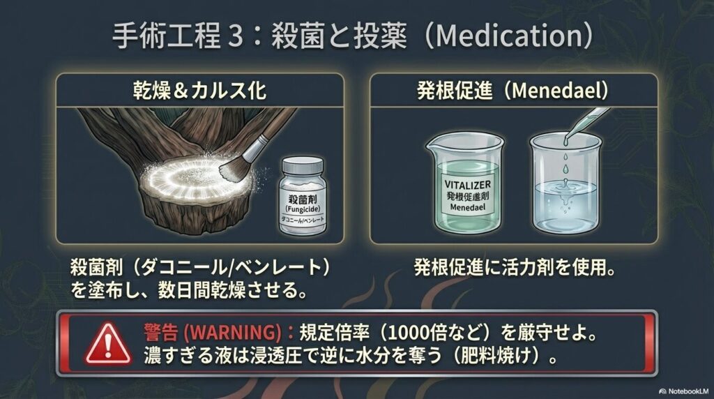 アガベの発根管理手順。木質化部分をスライスして白い維管束を露出し、殺菌と活力剤を塗布する様子