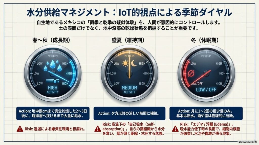 季節ごとのアガベへの水やり頻度を示すメーター。春・秋は完全乾燥後に大量給水、真夏は適度な補給、冬は断水