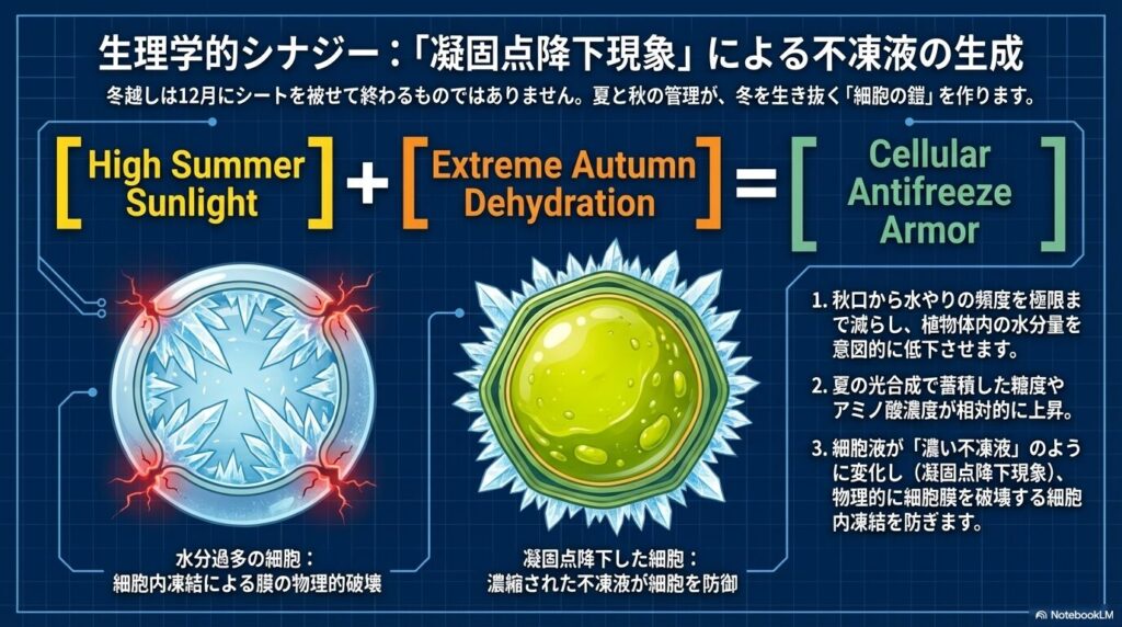 アガベの細胞が凝固点降下現象によって不凍液を生成するメカニズム。秋からの断水で細胞液の糖度を高め凍結を防ぐ