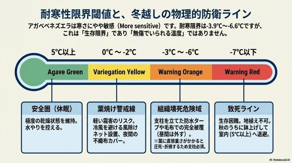 アガベベネズエラの耐寒性限界閾値。5度以上は安全圏、マイナス3度から6度で組織壊死の危険、マイナス7度以下は致死ライン