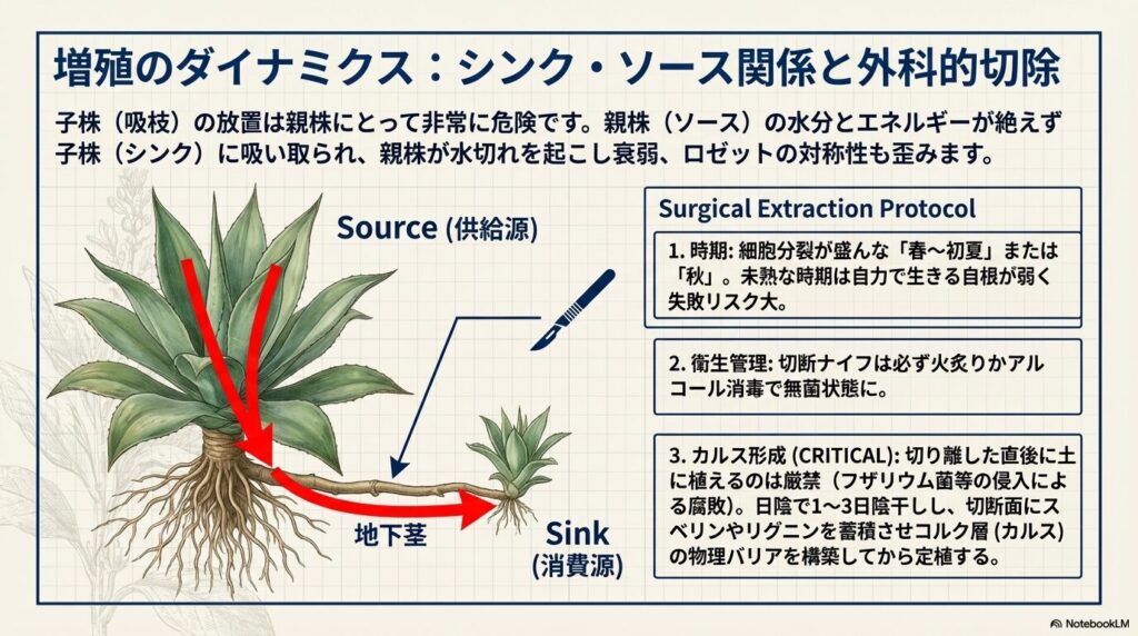 親株(ソース)から子株(シンク)へ地下茎を通じて養分が奪われる様子と、ナイフによる株分けの図解