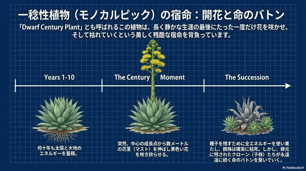 アガベベネズエラの開花プロセス。何十年も成長した後に巨大な花茎を伸ばし、黄色い花を咲かせた後に枯死する様子