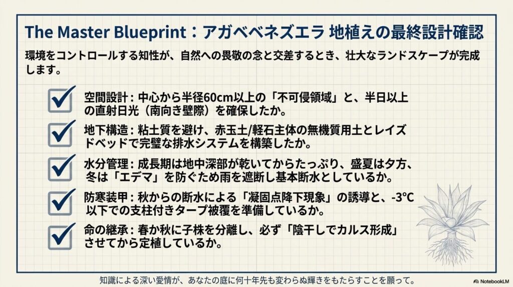 アガベベネズエラ地植えの最終設計確認リスト。空間設計、地下構造、水分管理、防寒装甲、命の継承のチェック項目