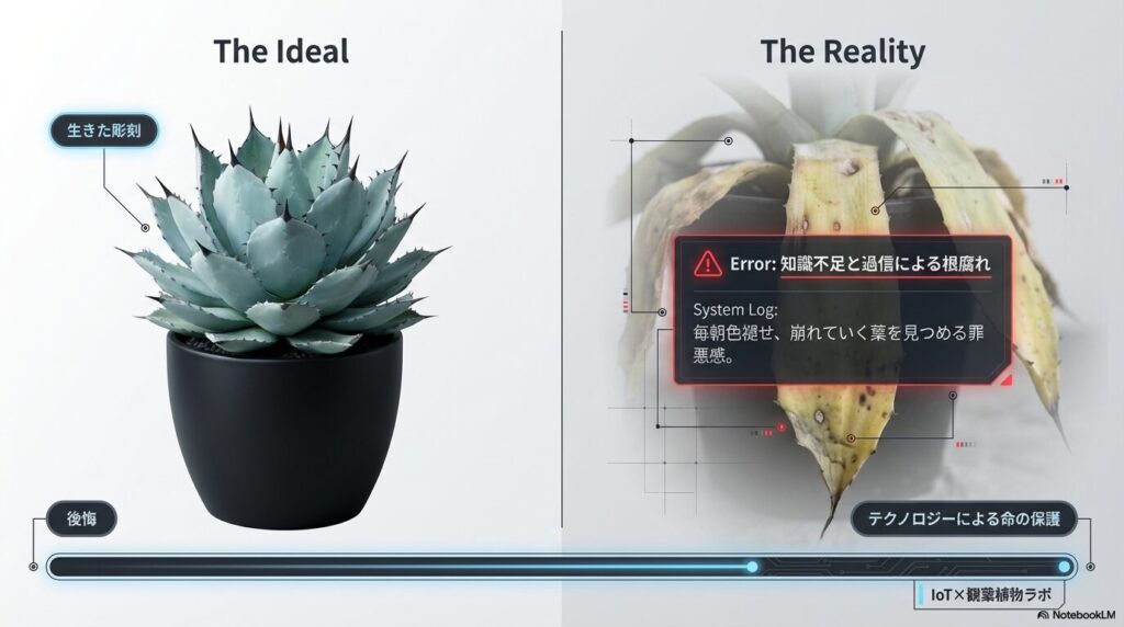 アガベの理想的な姿と知識不足による根腐れの失敗例の比較