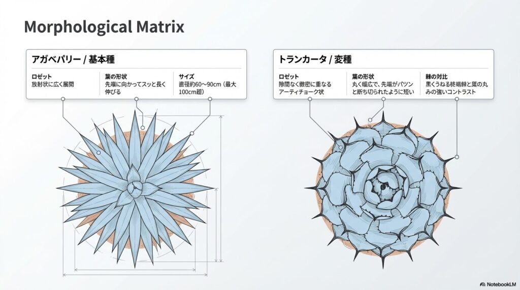 アガベパリー基本種と変種トランカータの葉の形状とロゼット展開の決定的な違い