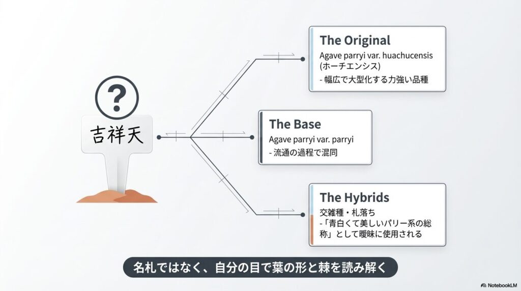 アガベ吉祥天という和名の由来と流通におけるパリー系交雑種や札落ちの分類