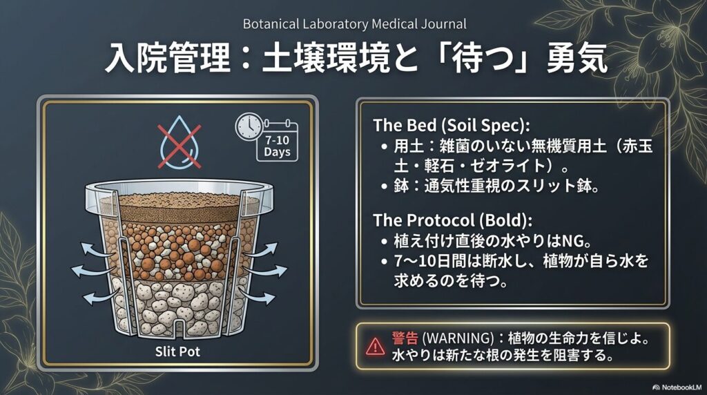 アガベの植え替えに使用する通気性重視のスリット鉢と無機質用土の断面図