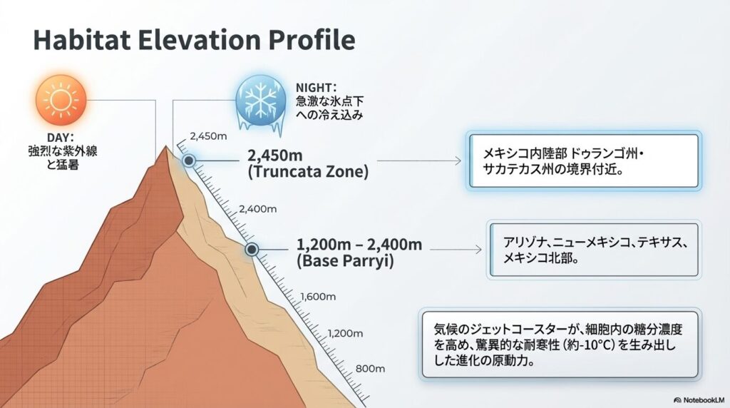 アガベパリーとトランカータの自生地の標高差と昼夜の激しい寒暖差グラフ