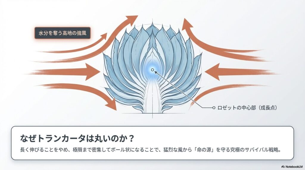高地の強風から成長点を守るために丸く密集したアガベトランカータの進化と生態