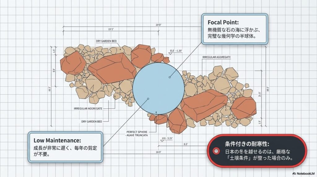 無機質な石とアガベトランカータを組み合わせたローメンテナンスなドライガーデンの設計図