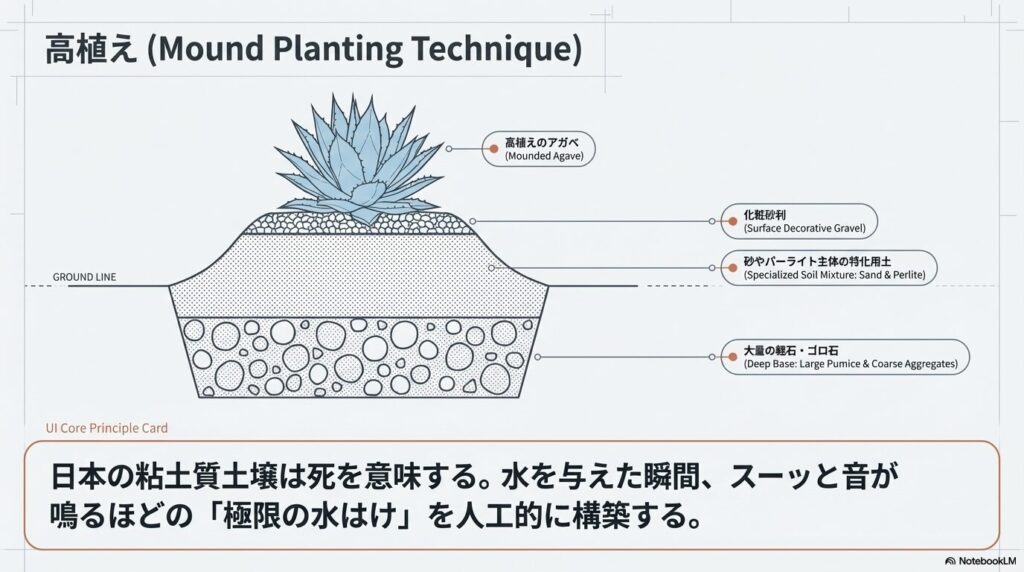 水はけを極限まで高めるためのアガベの高植え手法と砂やパーライトを用いた土壌改良の断面図
