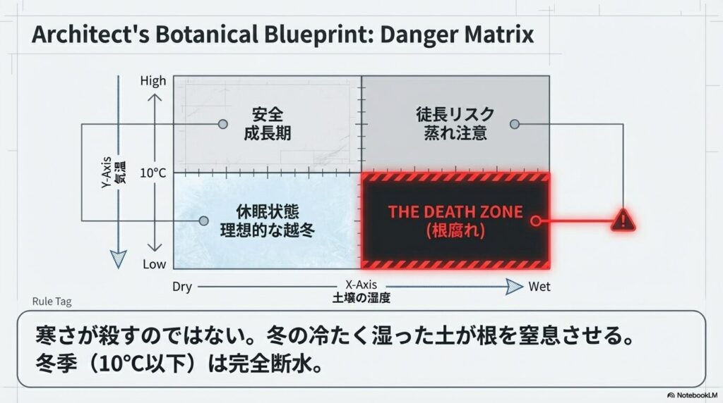 アガベが根腐れを起こす冬の低温と過湿のデッドゾーンを示す温度と湿度の危険度グラフ