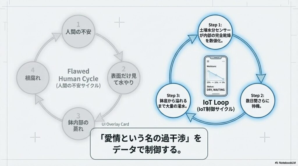 人間の不安による過剰な水やりサイクルとIoT土壌水分センサーを用いたデータ管理の比較