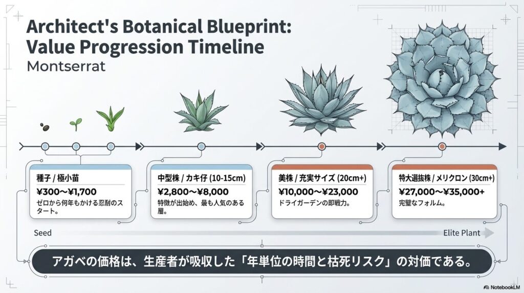 アガベトランカータの実生種子から特大メリクロン株までの成長段階に応じた価格相場推移