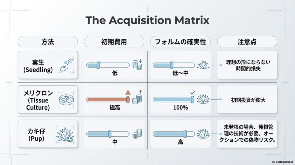 アガベの実生、メリクロン、カキ仔の繁殖方法別の初期費用とフォルムの確実性のマトリックス