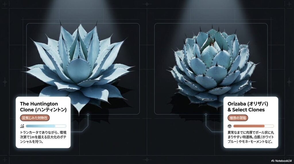 完璧な対称性を持つハンティントン株と極端に丸いオリザバなどのアガベ特選クローンの特徴