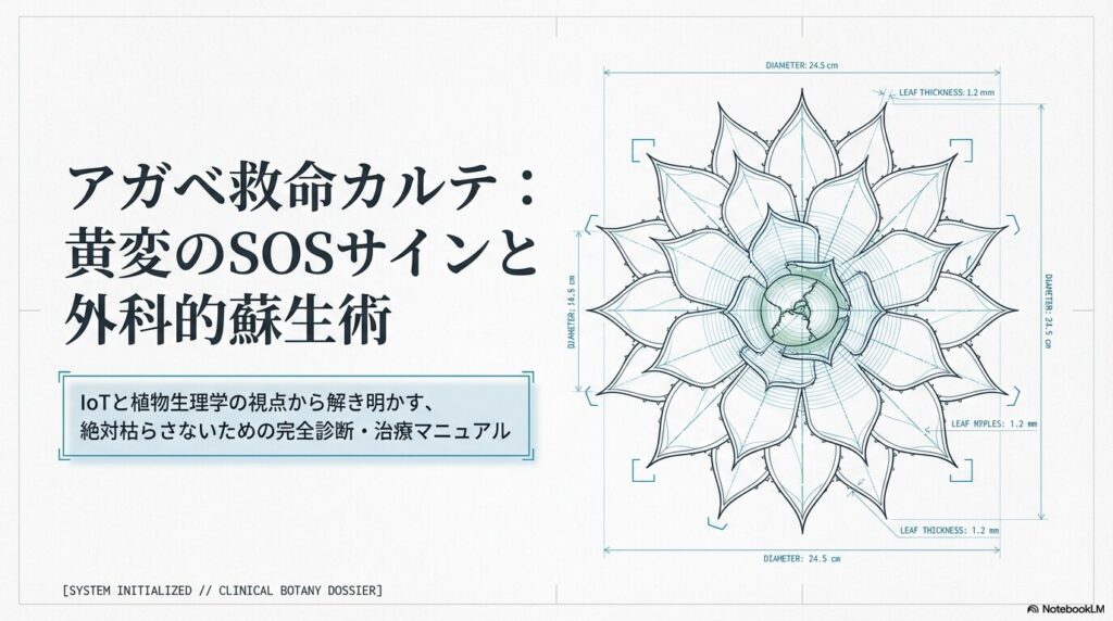 アガベ救命カルテの表紙。アガベの幾何学的なロゼット形状の設計図と外科的蘇生術のタイトル。