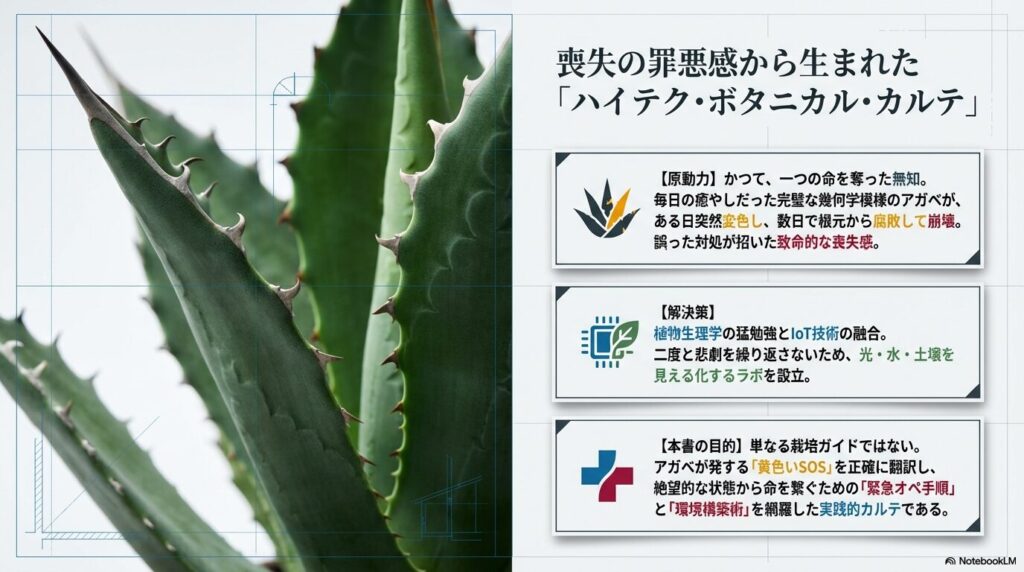 アガベの葉のアップ写真と設計図のようなグリッド。喪失の罪悪感から生まれたハイテク・ボタニカル・カルテの文字。